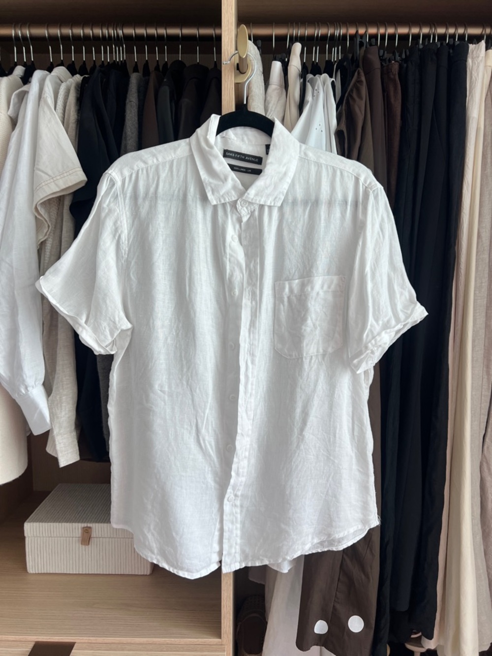 Saks Fifth Avenue White Short-Sleeve Button-Front Shirt Medium mens
